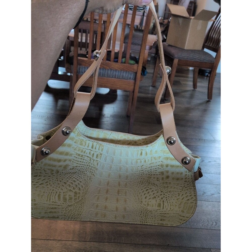 Marco Buggiani Italian Cream Lime Green Crocodile Embossed Leather Shoulder Bag